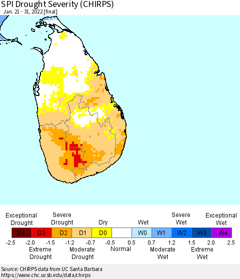 Sri Lanka SPI Drought Severity (CHIRPS) Thematic Map For 1/21/2022 - 1/31/2022