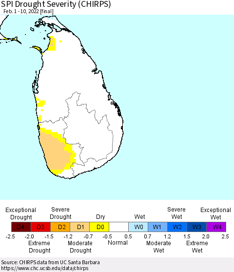 Sri Lanka SPI Drought Severity (CHIRPS) Thematic Map For 2/1/2022 - 2/10/2022