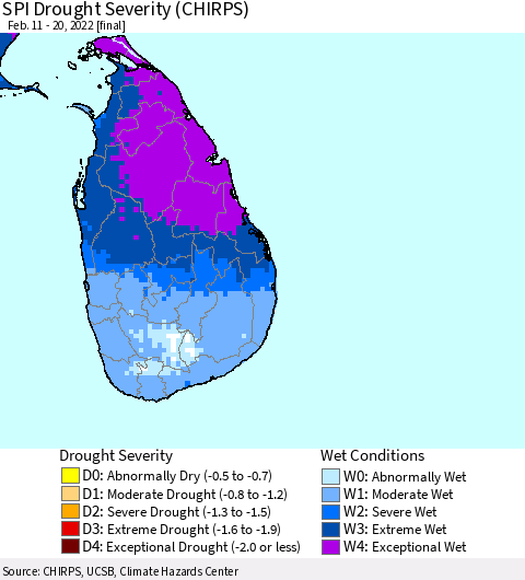 Sri Lanka SPI Drought Severity (CHIRPS) Thematic Map For 2/11/2022 - 2/20/2022
