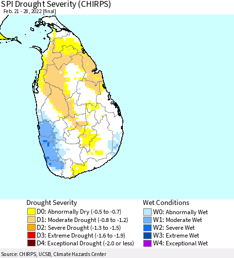 Sri Lanka SPI Drought Severity (CHIRPS) Thematic Map For 2/21/2022 - 2/28/2022