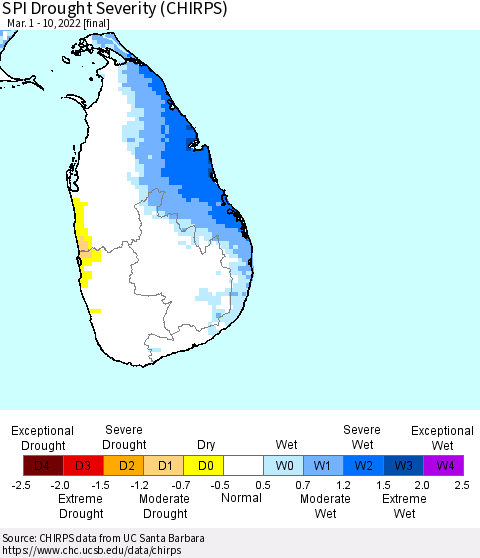 Sri Lanka SPI Drought Severity (CHIRPS) Thematic Map For 3/1/2022 - 3/10/2022