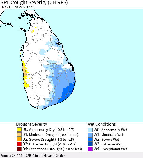 Sri Lanka SPI Drought Severity (CHIRPS) Thematic Map For 3/11/2022 - 3/20/2022