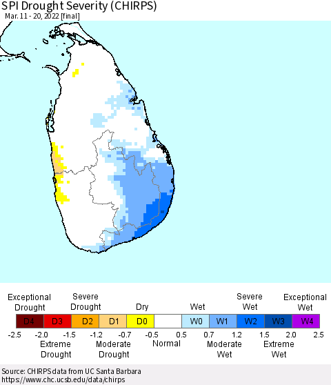 Sri Lanka SPI Drought Severity (CHIRPS) Thematic Map For 3/11/2022 - 3/20/2022