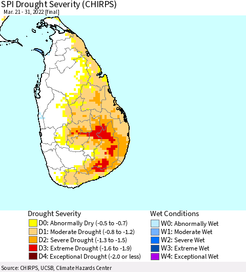 Sri Lanka SPI Drought Severity (CHIRPS) Thematic Map For 3/21/2022 - 3/31/2022