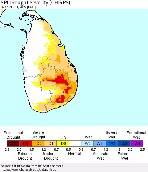 Sri Lanka SPI Drought Severity (CHIRPS) Thematic Map For 3/21/2022 - 3/31/2022