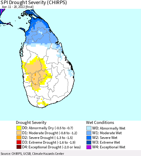 Sri Lanka SPI Drought Severity (CHIRPS) Thematic Map For 4/11/2022 - 4/20/2022