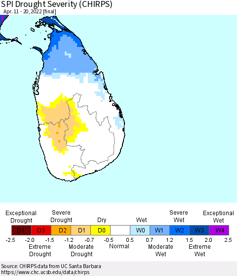 Sri Lanka SPI Drought Severity (CHIRPS) Thematic Map For 4/11/2022 - 4/20/2022