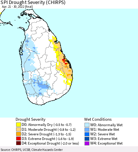 Sri Lanka SPI Drought Severity (CHIRPS) Thematic Map For 4/21/2022 - 4/30/2022