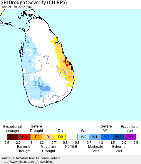 Sri Lanka SPI Drought Severity (CHIRPS) Thematic Map For 4/21/2022 - 4/30/2022