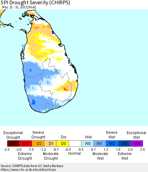 Sri Lanka SPI Drought Severity (CHIRPS) Thematic Map For 5/21/2022 - 5/31/2022