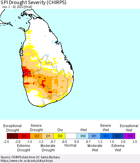 Sri Lanka SPI Drought Severity (CHIRPS) Thematic Map For 6/1/2022 - 6/10/2022