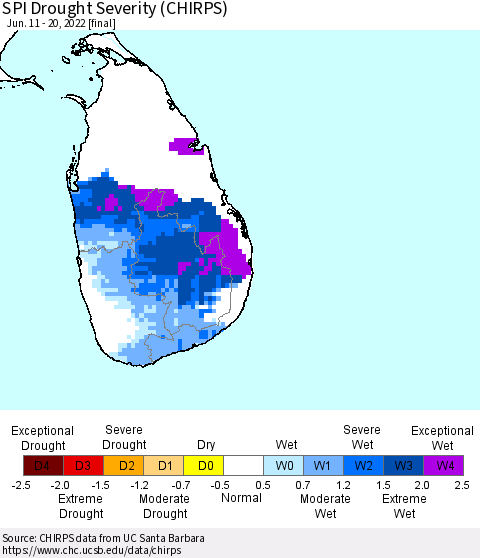 Sri Lanka SPI Drought Severity (CHIRPS) Thematic Map For 6/11/2022 - 6/20/2022