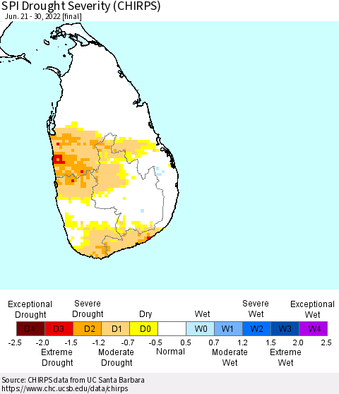 Sri Lanka SPI Drought Severity (CHIRPS) Thematic Map For 6/21/2022 - 6/30/2022