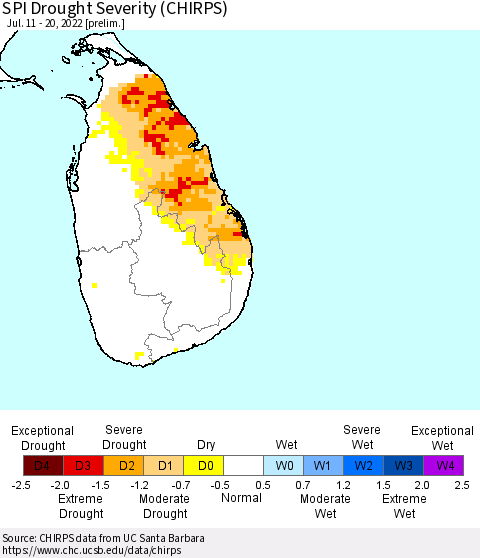 Sri Lanka SPI Drought Severity (CHIRPS) Thematic Map For 7/11/2022 - 7/20/2022