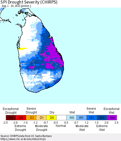 Sri Lanka SPI Drought Severity (CHIRPS) Thematic Map For 8/1/2022 - 8/10/2022