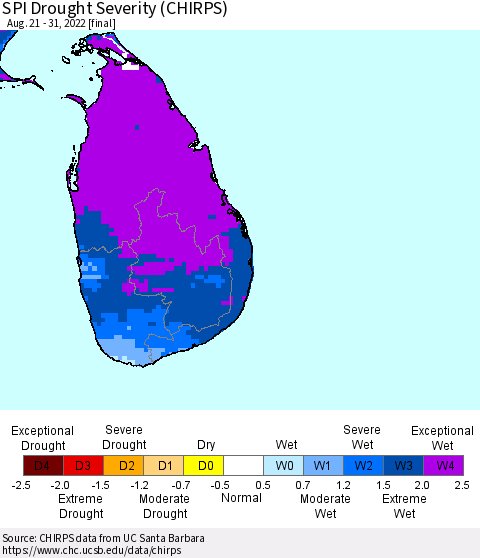 Sri Lanka SPI Drought Severity (CHIRPS) Thematic Map For 8/21/2022 - 8/31/2022
