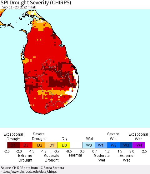 Sri Lanka SPI Drought Severity (CHIRPS) Thematic Map For 9/11/2022 - 9/20/2022