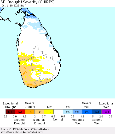 Sri Lanka SPI Drought Severity (CHIRPS) Thematic Map For 10/1/2022 - 10/10/2022