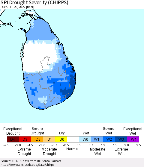 Sri Lanka SPI Drought Severity (CHIRPS) Thematic Map For 10/11/2022 - 10/20/2022