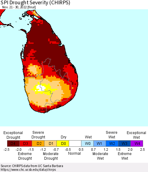Sri Lanka SPI Drought Severity (CHIRPS) Thematic Map For 11/21/2022 - 11/30/2022