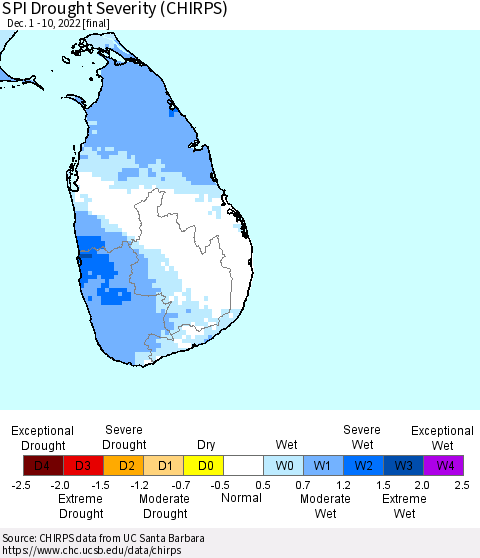 Sri Lanka SPI Drought Severity (CHIRPS) Thematic Map For 12/1/2022 - 12/10/2022