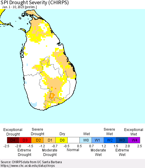Sri Lanka SPI Drought Severity (CHIRPS) Thematic Map For 1/1/2023 - 1/10/2023