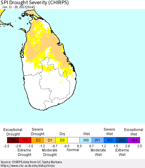 Sri Lanka SPI Drought Severity (CHIRPS) Thematic Map For 1/11/2023 - 1/20/2023
