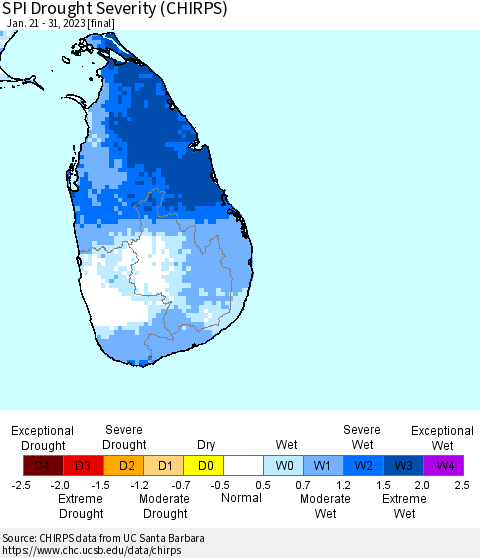 Sri Lanka SPI Drought Severity (CHIRPS) Thematic Map For 1/21/2023 - 1/31/2023