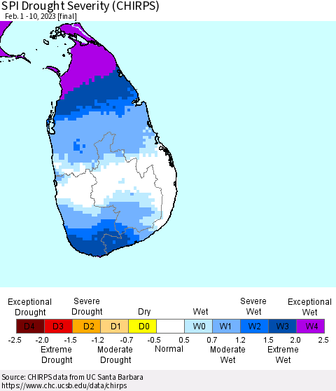 Sri Lanka SPI Drought Severity (CHIRPS) Thematic Map For 2/1/2023 - 2/10/2023