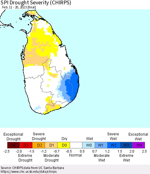 Sri Lanka SPI Drought Severity (CHIRPS) Thematic Map For 2/11/2023 - 2/20/2023