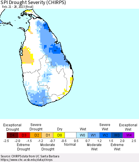 Sri Lanka SPI Drought Severity (CHIRPS) Thematic Map For 2/21/2023 - 2/28/2023