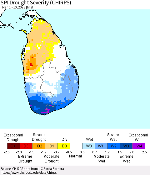 Sri Lanka SPI Drought Severity (CHIRPS) Thematic Map For 3/1/2023 - 3/10/2023