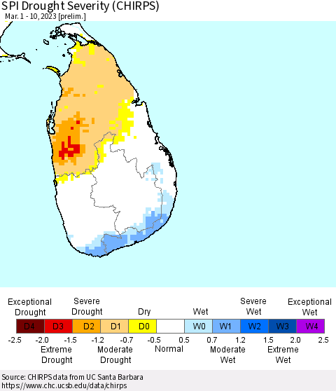 Sri Lanka SPI Drought Severity (CHIRPS) Thematic Map For 3/1/2023 - 3/10/2023