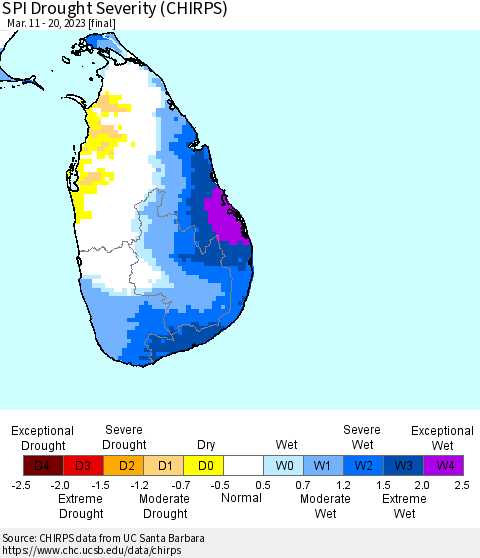 Sri Lanka SPI Drought Severity (CHIRPS) Thematic Map For 3/11/2023 - 3/20/2023