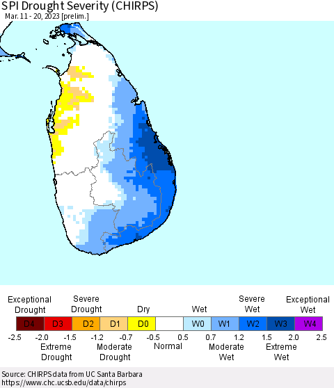 Sri Lanka SPI Drought Severity (CHIRPS) Thematic Map For 3/11/2023 - 3/20/2023