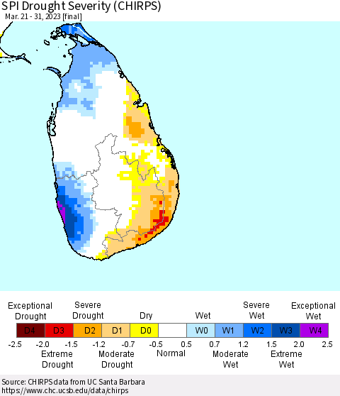 Sri Lanka SPI Drought Severity (CHIRPS) Thematic Map For 3/21/2023 - 3/31/2023