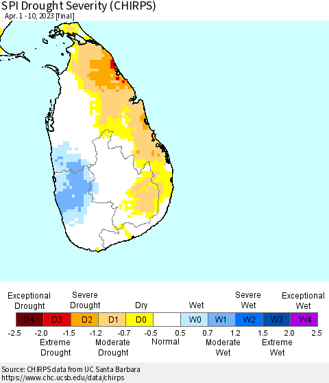 Sri Lanka SPI Drought Severity (CHIRPS) Thematic Map For 4/1/2023 - 4/10/2023