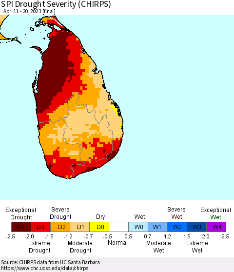 Sri Lanka SPI Drought Severity (CHIRPS) Thematic Map For 4/11/2023 - 4/20/2023
