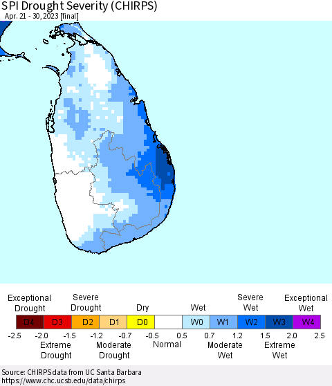 Sri Lanka SPI Drought Severity (CHIRPS) Thematic Map For 4/21/2023 - 4/30/2023