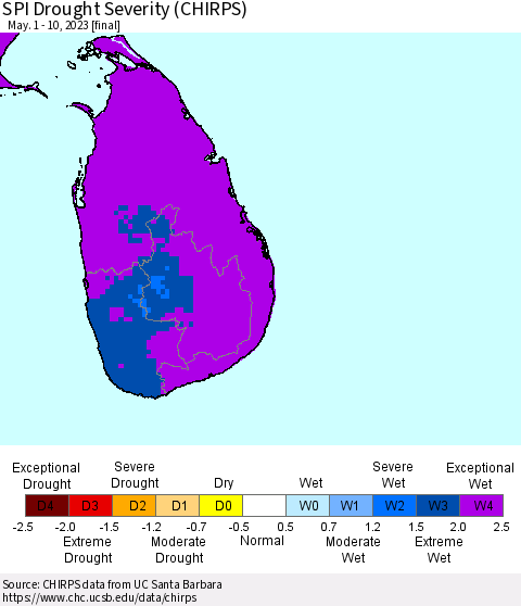 Sri Lanka SPI Drought Severity (CHIRPS) Thematic Map For 5/1/2023 - 5/10/2023