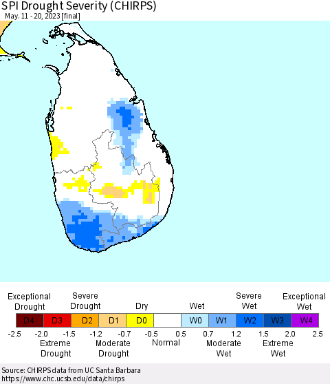 Sri Lanka SPI Drought Severity (CHIRPS) Thematic Map For 5/11/2023 - 5/20/2023