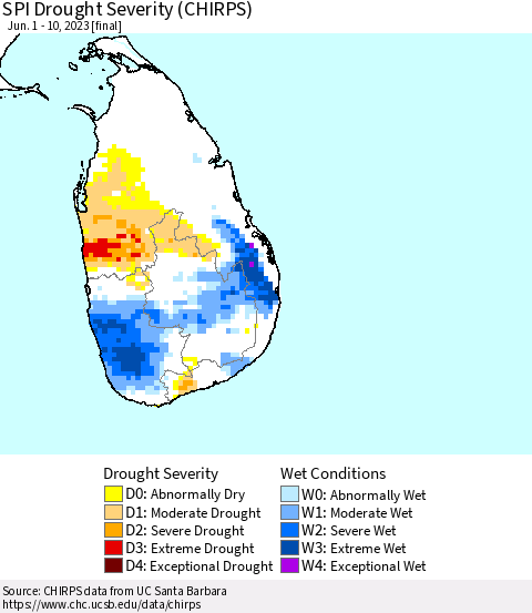 Sri Lanka SPI Drought Severity (CHIRPS) Thematic Map For 6/1/2023 - 6/10/2023