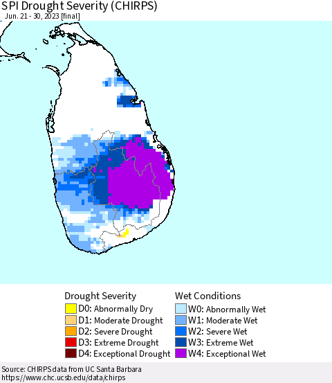 Sri Lanka SPI Drought Severity (CHIRPS) Thematic Map For 6/21/2023 - 6/30/2023