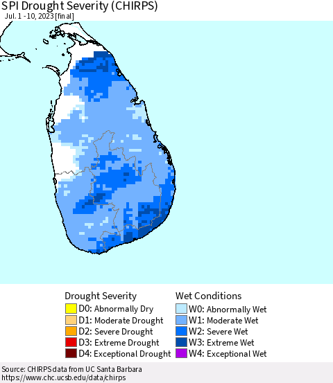 Sri Lanka SPI Drought Severity (CHIRPS) Thematic Map For 7/1/2023 - 7/10/2023