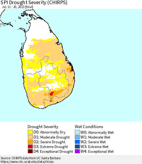 Sri Lanka SPI Drought Severity (CHIRPS) Thematic Map For 7/11/2023 - 7/20/2023