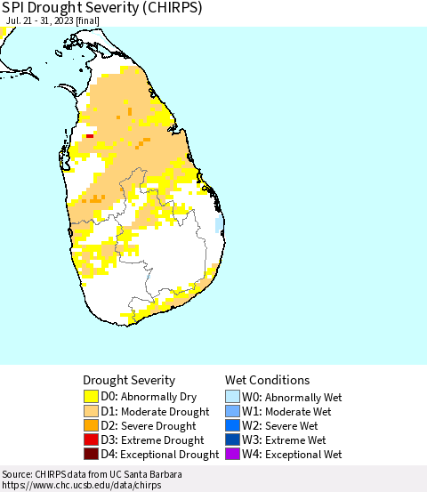 Sri Lanka SPI Drought Severity (CHIRPS) Thematic Map For 7/21/2023 - 7/31/2023