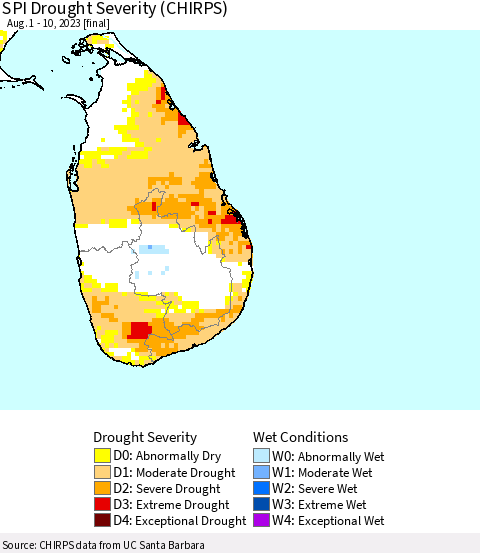 Sri Lanka SPI Drought Severity (CHIRPS) Thematic Map For 8/1/2023 - 8/10/2023