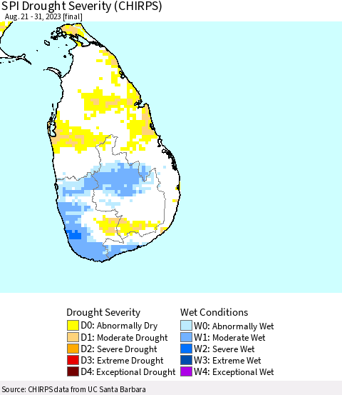 Sri Lanka SPI Drought Severity (CHIRPS) Thematic Map For 8/21/2023 - 8/31/2023