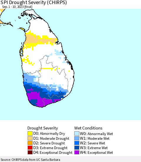 Sri Lanka SPI Drought Severity (CHIRPS) Thematic Map For 9/1/2023 - 9/10/2023