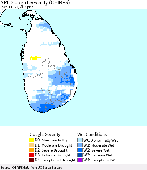 Sri Lanka SPI Drought Severity (CHIRPS) Thematic Map For 9/11/2023 - 9/20/2023